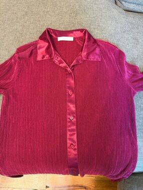 Mango Fuchsia Satin-Trim Pleated Button-Up Top